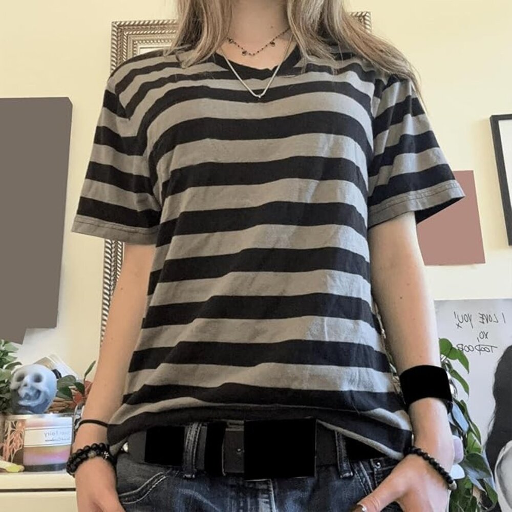 Y2k Fairy Grunge Tops for Women Short Sleeve Gothic Striped T Shirts Vintage Aes